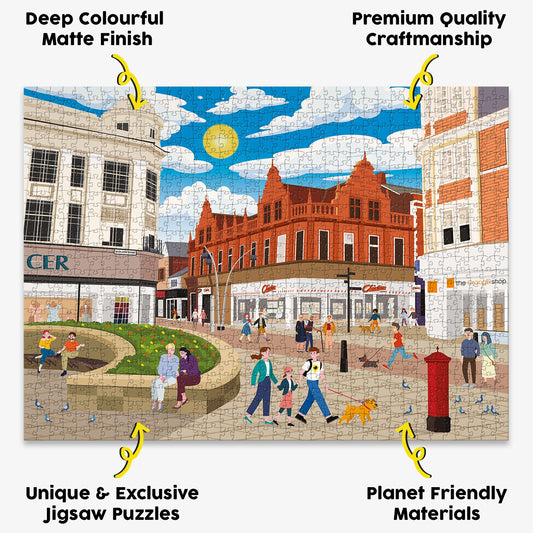 Bedford town centre jigsaw puzzle presented with the benefits of our products highlighted around it