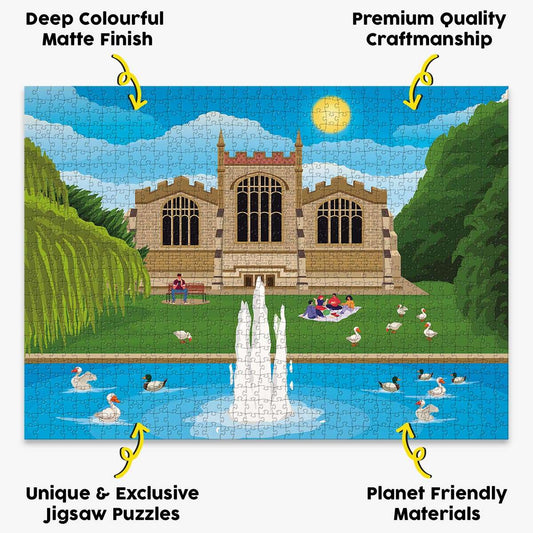 our Hitchin St Mary's Church jigsaw puzzle presented with the benefits of our products highlighted around it