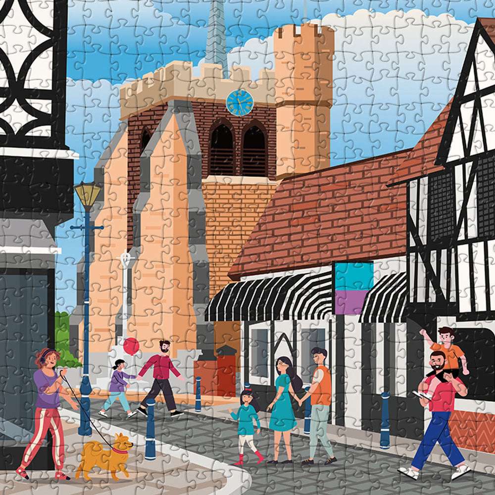 closeup view of our Hitchin town centre jigsaw puzzle which depicts an Illustrated town square with people and buildings