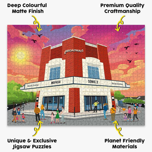 our Letchworth Broadway Cinema jigsaw puzzle presented with the benefits of our products highlighted around it