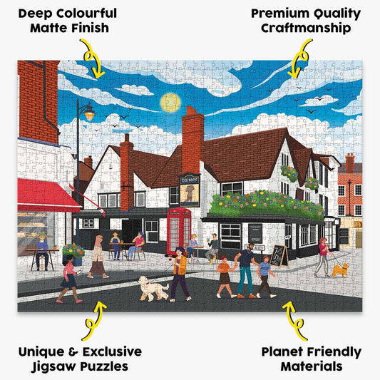 our St Albans town centre jigsaw puzzle presented with the benefits of our products highlighted around it