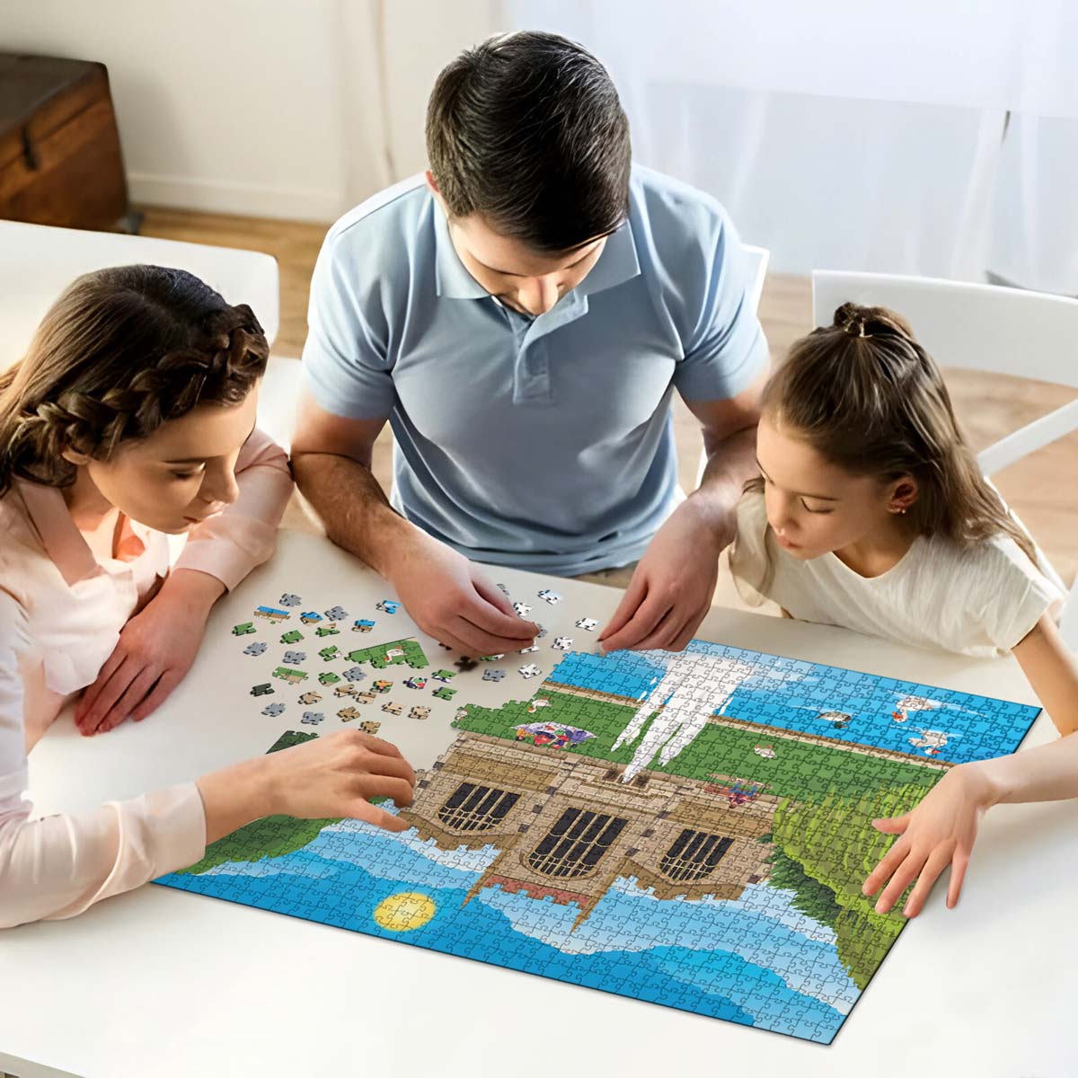 A mum, dad and daughter working on solving our Hitchin St Mary's Church jigsaw puzzle at home