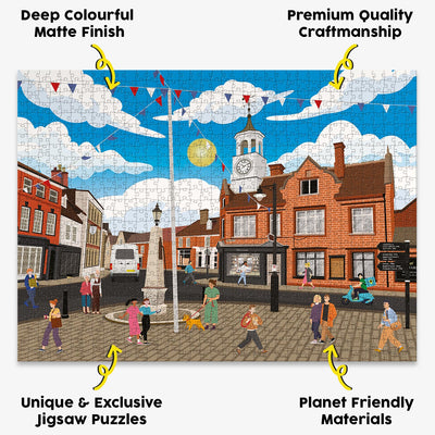 Ampthill Town Centre jigsaw puzzle presented with the benefits of our products highlighted around it
