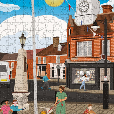 A closeup view of our Ampthill Town Centre jigsaw puzzle which depicts an Illustrated town with buildings