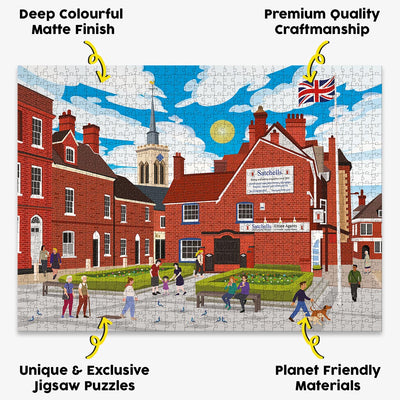 Baldock Town Centre jigsaw puzzle presented with the benefits of our products highlighted around it