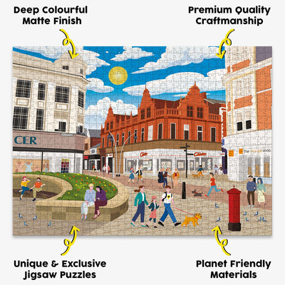 Bedford town centre jigsaw puzzle presented with the benefits of our products highlighted around it