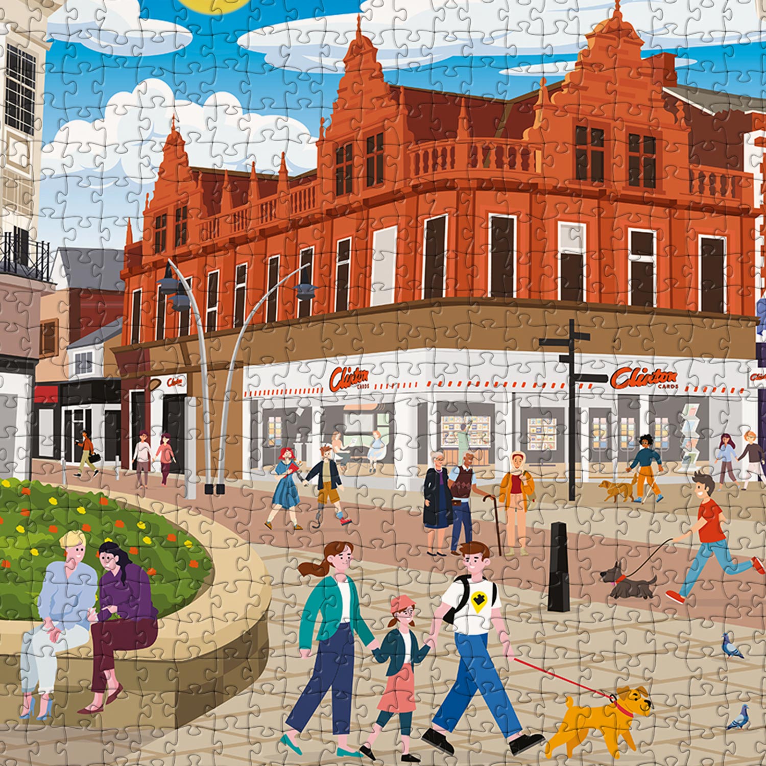A closeup view of our Bedford town centre jigsaw puzzle which depicts an Illustrated town square with people and buildings