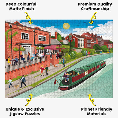 Berkhamsted Grand Union Canal jigsaw puzzle presented with the benefits of our products highlighted around it