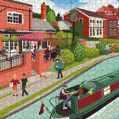 A closeup view of Berkhamsted Grand Union Canal jigsaw puzzle which depicts an Illustrated canal scene featuring "The Boat" pub.  