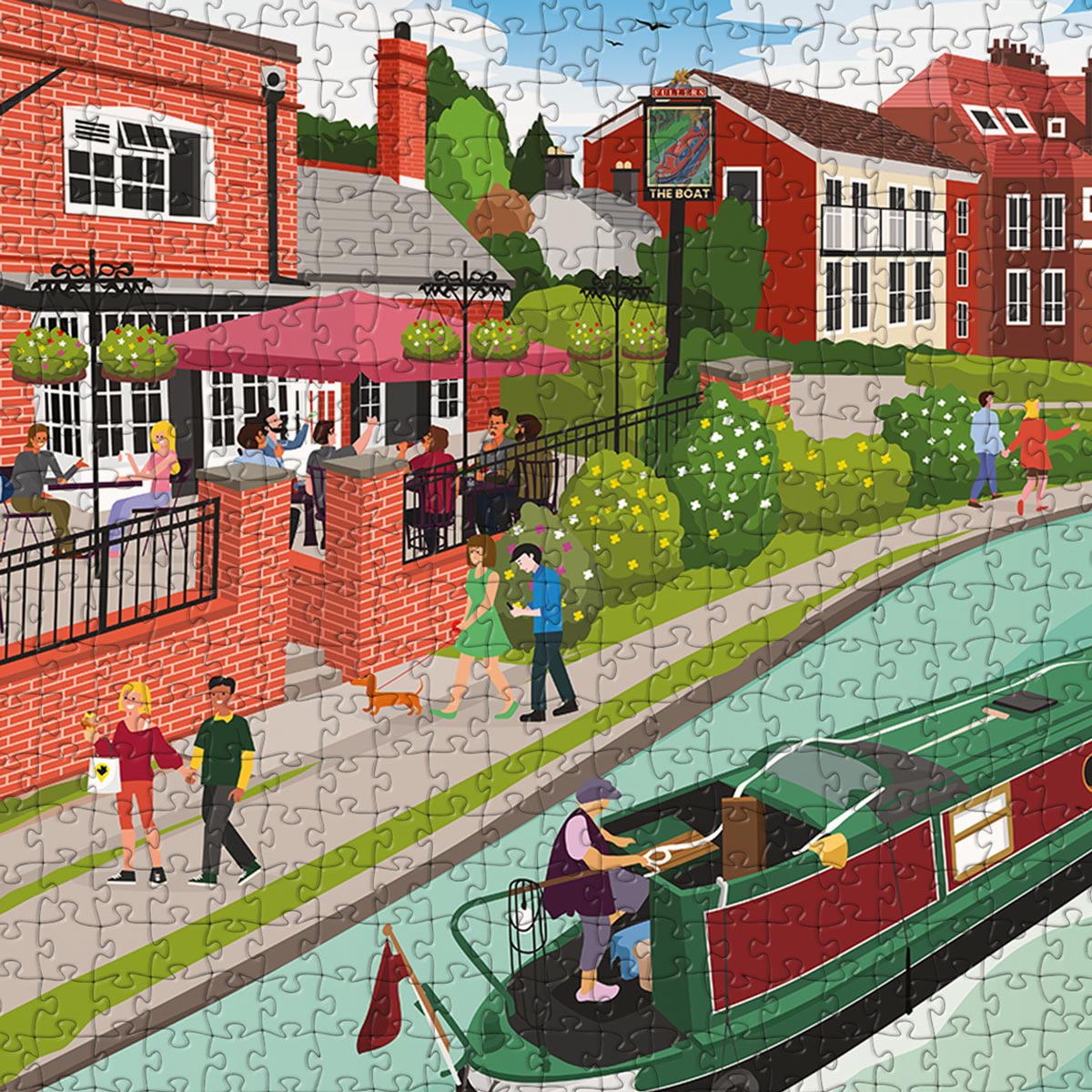A closeup view of Berkhamsted Grand Union Canal jigsaw puzzle which depicts an Illustrated canal scene featuring "The Boat" pub.  