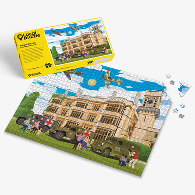 Biggleswade Shuttleworth House Jigsaw puzzle with a colourful scene of a manor house with war-era planes flying overhead and yellow box packaging on a white background