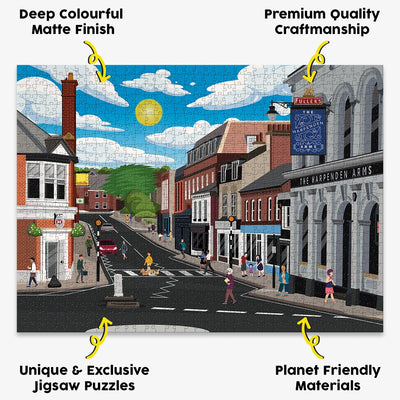 Harpenden High Street jigsaw puzzle presented with the benefits of our products highlighted around it