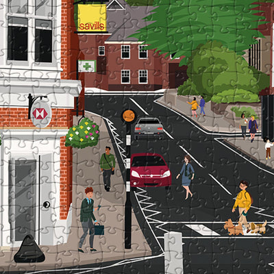 A closeup view of our Harpenden High Street jigsaw puzzle which depicts an Illustrated town with buildings