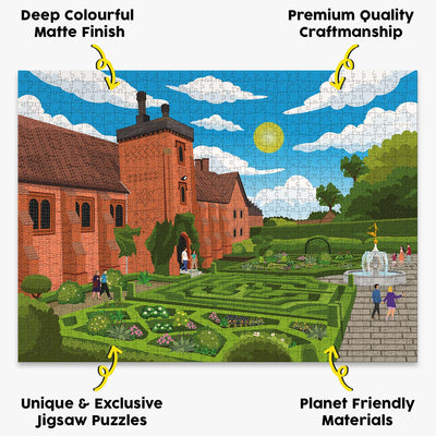 Hatfield Old Palace jigsaw puzzle presented with the benefits of our products highlighted around it