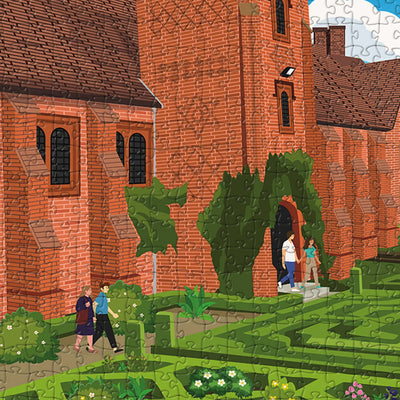 A closeup view of our Hatfield Old Palace jigsaw puzzle which depicts an Illustrated old manor house and garden