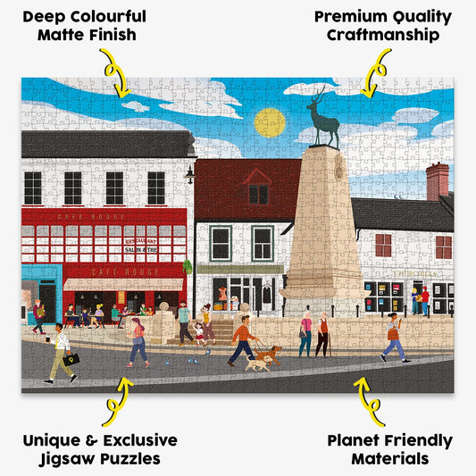 our Hertford Parliament Square jigsaw puzzle presented with the benefits of our products highlighted around it