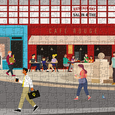 A closeup view of our Hertford Parliament Square jigsaw puzzle which depicts an Illustrated town square with people and buildings