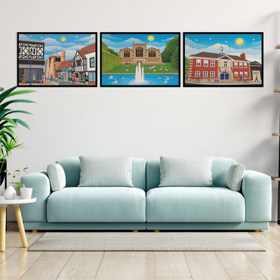 Hitchin jigsaw puzzle collection framed on the wall - Bespoke Jigsaw Puzzles - Local Puzzle 