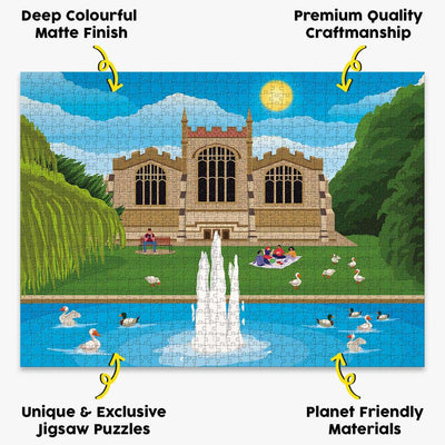 our Hitchin St Mary's Church jigsaw puzzle presented with the benefits of our products highlighted around it