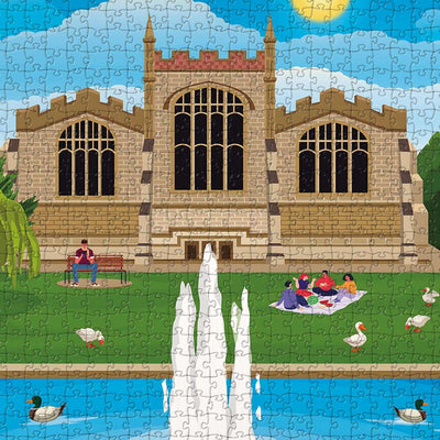 A closeup view of our Hitchin St Mary's Church jigsaw puzzle which depicts an Illustrated church scene with people