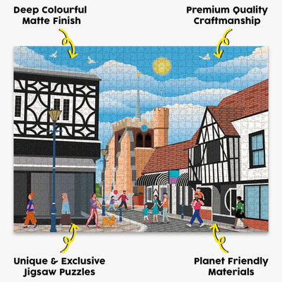 our Hitchin town centre jigsaw puzzle presented with the benefits of our products highlighted around it
