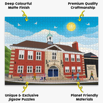 our Hitchin town hall jigsaw puzzle presented with the benefits of our products highlighted around it