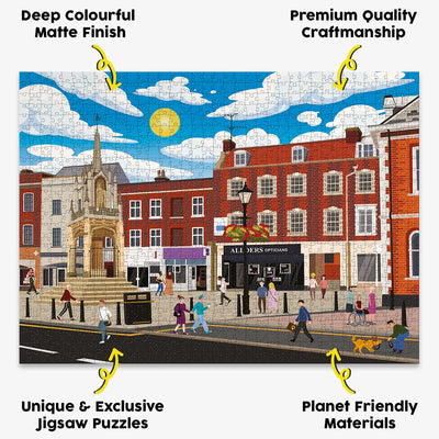 Leighton Buzzard Town Centre jigsaw puzzle presented with the benefits of our products highlighted around it
