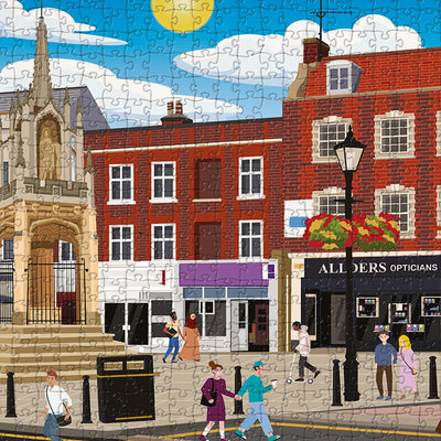 A closeup view of our Leighton Buzzard Town Centre jigsaw puzzle which depicts an Illustrated town with buildings
