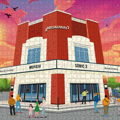 A closeup view of our Letchworth Broadway Cinema jigsaw puzzle which depicts an Illustrated cinema with people  outside