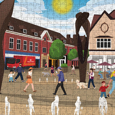 A closeup view of our Letchworth Leys Square jigsaw puzzle which depicts an Illustrated town square with people and buildings
