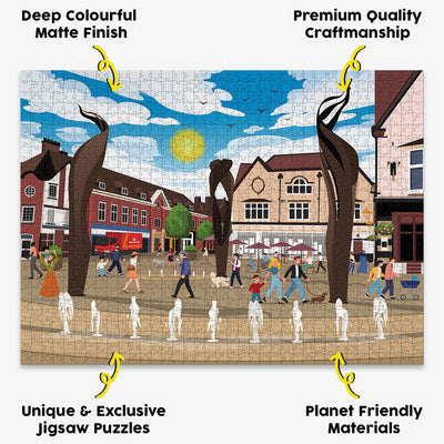 our Letchworth Leys Square jigsaw puzzle presented with the benefits of our products highlighted around it
