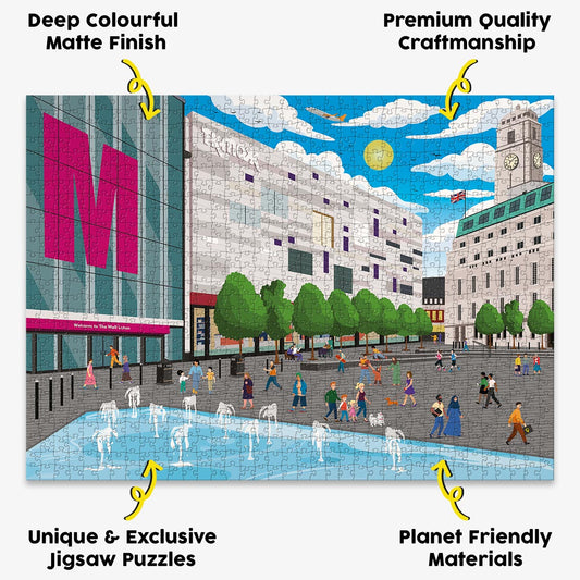 Luton town centre jigsaw puzzle presented with the benefits of our products highlighted around it