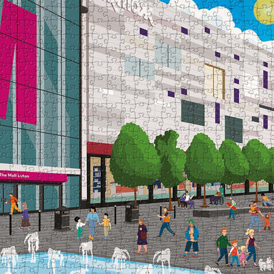 A closeup view of our Luton town centre jigsaw puzzle which depicts an Illustrated town with people and buildings