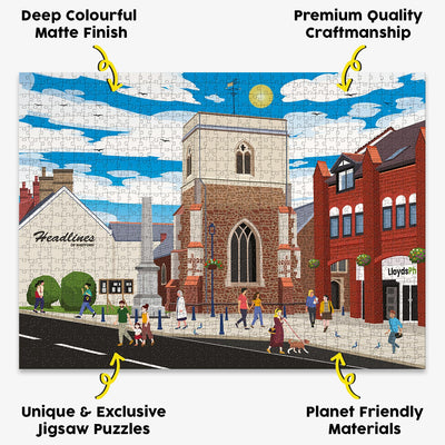 Shefford High Street jigsaw puzzle presented with the benefits of our products highlighted around it