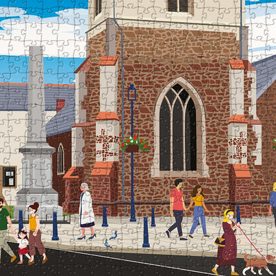 A closeup view of our Shefford High Street jigsaw puzzle which depicts an Illustrated town with buildings