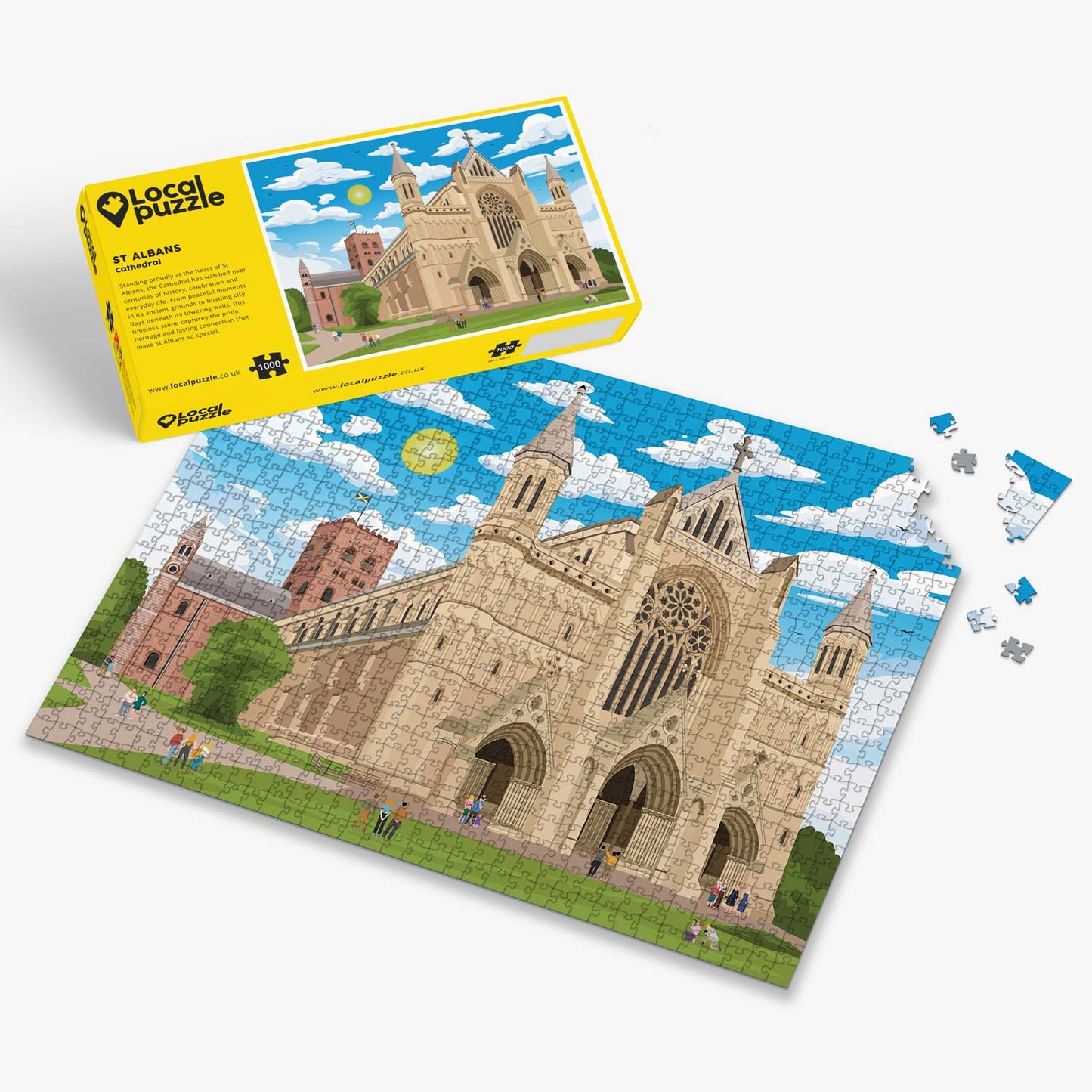 St Albans Cathedral Jigsaw puzzle with a colourful scene of a Cathedral and yellow box packaging on a white background