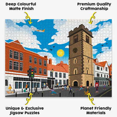 St Albans Clock Tower jigsaw puzzle presented with the benefits of our products highlighted around it