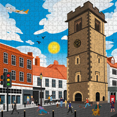 A closeup view of our St Albans Clock Tower jigsaw puzzle which depicts an Illustrated town with buildings and a Roman clock tower