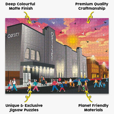 our St Albans Odyssey Cinema jigsaw puzzle presented with the benefits of our products highlighted around it