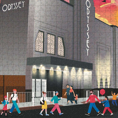 A closeup view of our St Albans Odyssey Cinema jigsaw puzzle which depicts an Illustrated scene with people and buildings