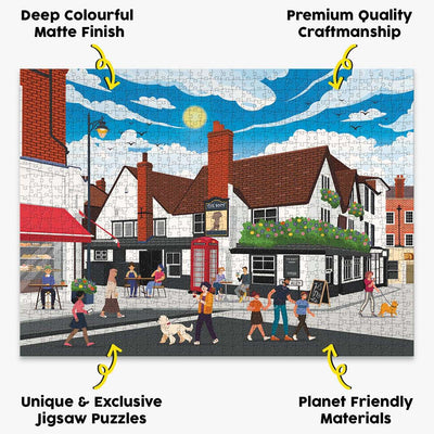 our St Albans town centre jigsaw puzzle presented with the benefits of our products highlighted around it