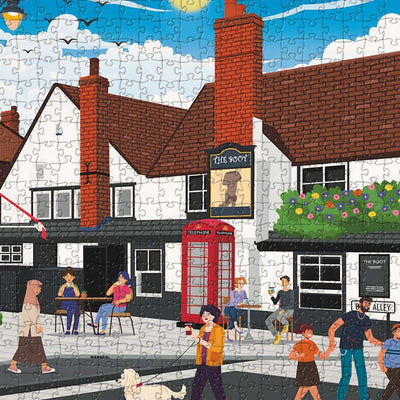A closeup view of our St Albans town centre jigsaw puzzle which depicts an Illustrated town scene with people and buildings