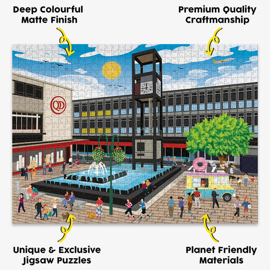 our Stevenage town centre jigsaw puzzle presented with the benefits of our products highlighted around it