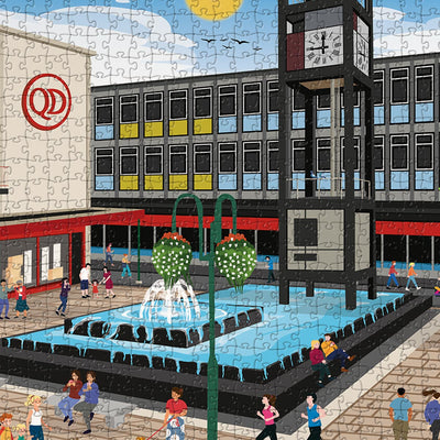 A closeup view of our Stevenage town centre jigsaw puzzle which depicts an Illustrated town square with people and buildings