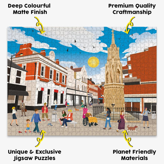 our Waltham Cross town centre jigsaw puzzle presented with the benefits of our products highlighted around it