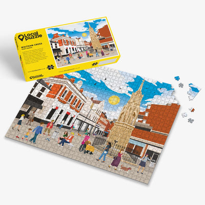 Waltham Cross town centre Jigsaw puzzle with a colourful scene of a town square and yellow box packaging on a white background
