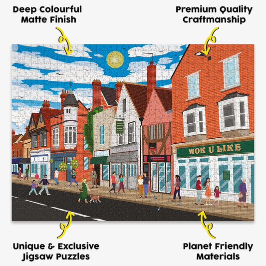 Ware High Street jigsaw puzzle presented with the benefits of our products highlighted around it