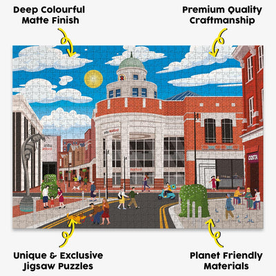Watford town centre jigsaw puzzle presented with the benefits of our products highlighted around it