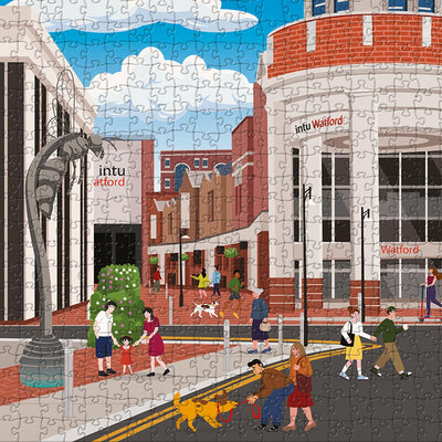 A closeup view of our Watford town centre jigsaw puzzle which depicts an Illustrated town with people and buildings