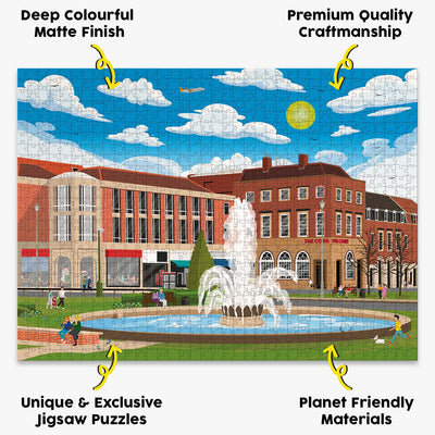 Welwyn Garden City Town Centre jigsaw puzzle presented with the benefits of our products highlighted around it